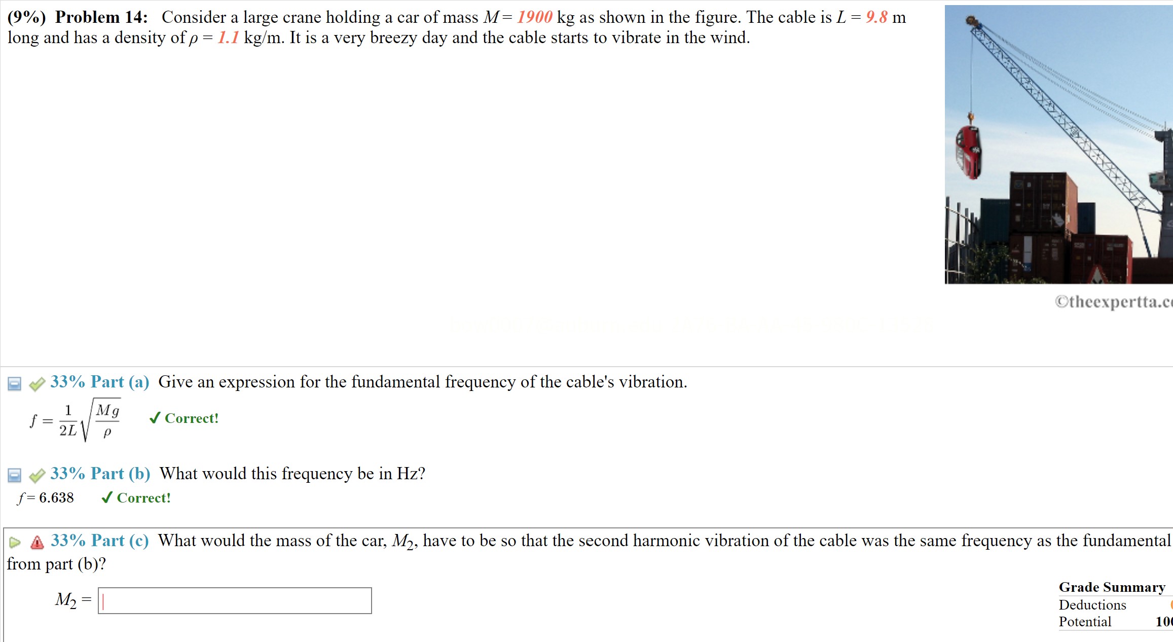 (9\%) Problem 14: Consider a large crane holding a car of mass \( M=1900 \mathrm{~kg} \) as shown in the figure. The cable is