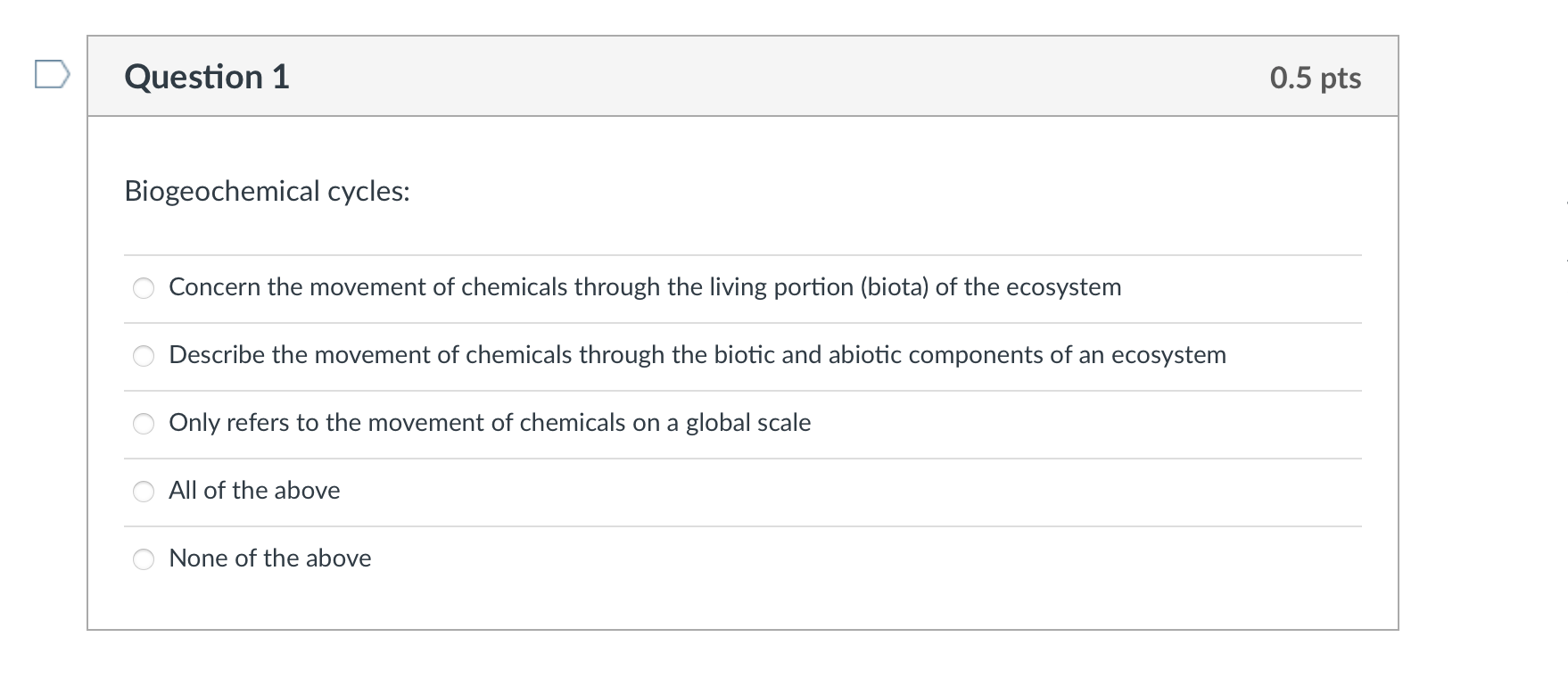 Solved Question 1 0.5 pts Biogeochemical cycles: Concern the | Chegg.com