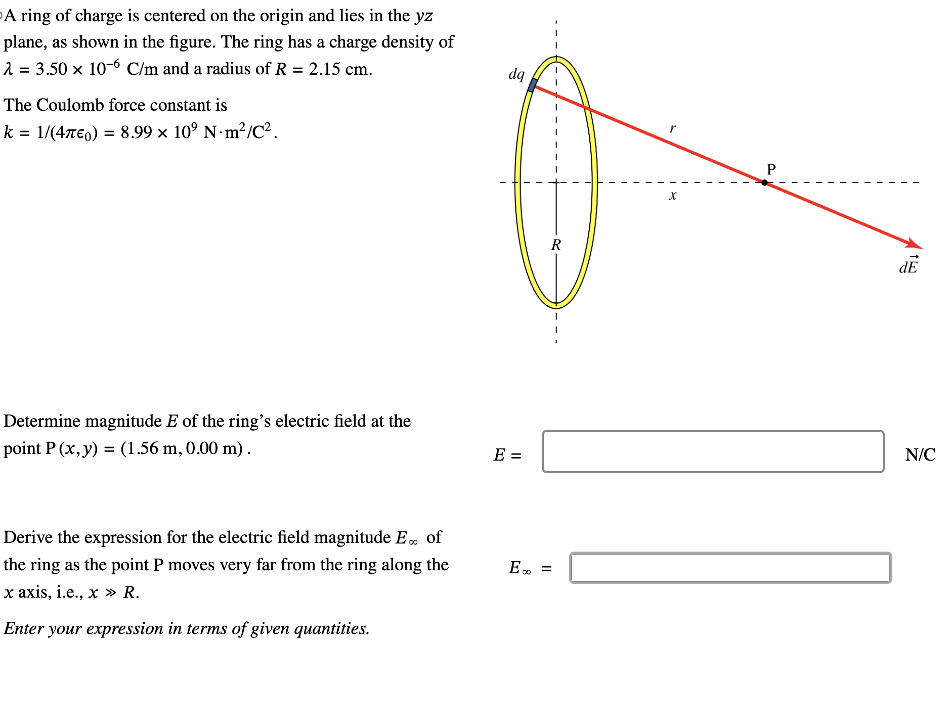 Solved A ring of charge is centered on the origin and lies | Chegg.com