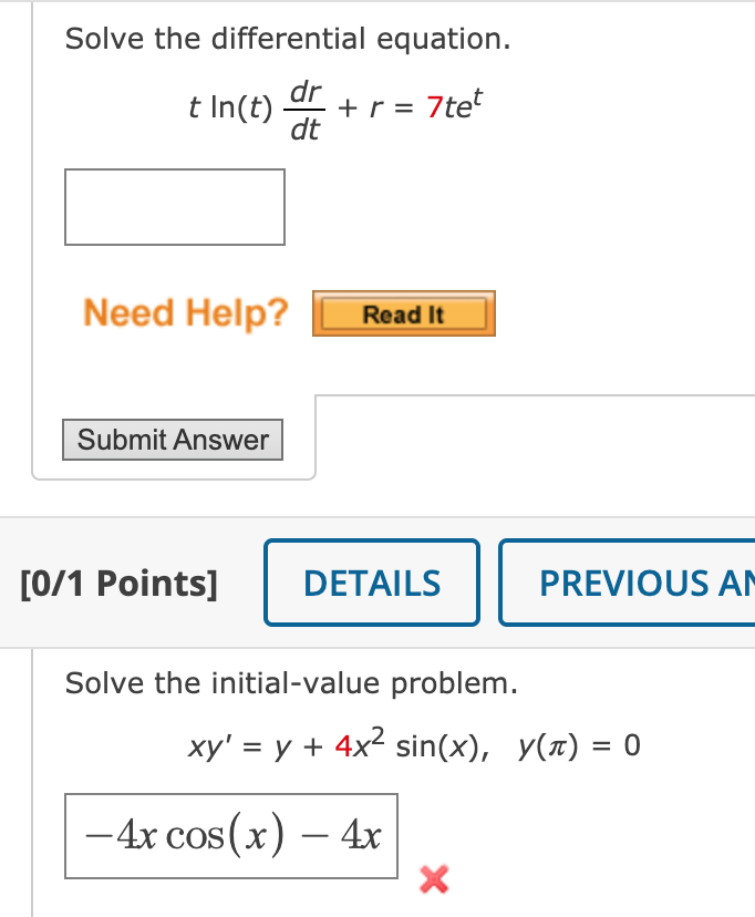 Solved Solve the differential equation. dr t In(t) + r = | Chegg.com