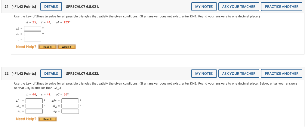 Solved a=25,c=44,∠A=123∘ ∠B= ∠C= b= [−/1.42 Points] | Chegg.com