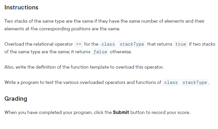 Solved Instructions Two stacks of the same type are the same | Chegg.com