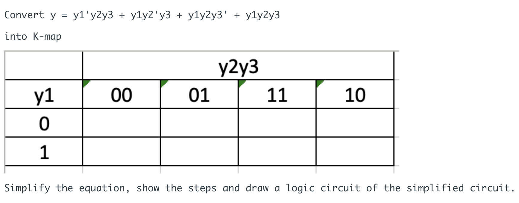 Solved Convert y=y′y′2y3+y1yz′y3+y1y2y3′+y1y2y3 into K-map | Chegg.com