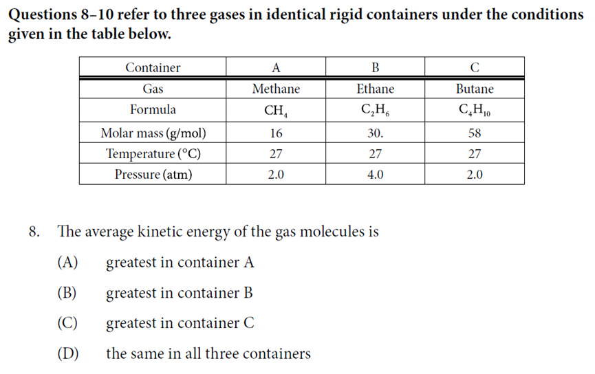 Solved Questions 8-10 refer to three gases in identical | Chegg.com