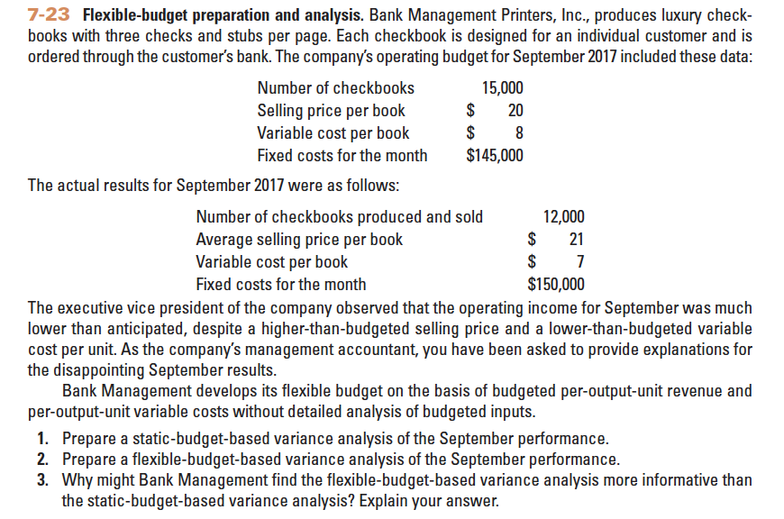 Solved 7-23 Flexible-budget Preparation And Analysis. Bank | Chegg.com