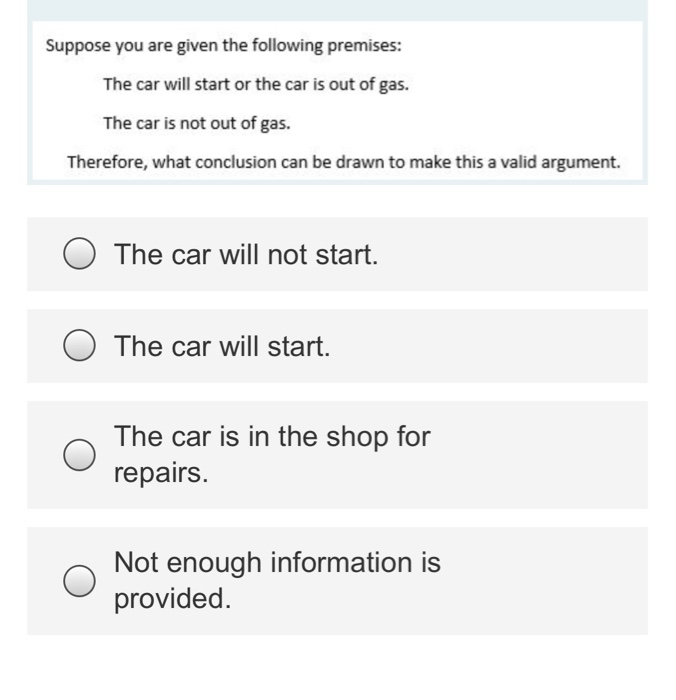 Solved Suppose you are given the following premises: The car | Chegg.com