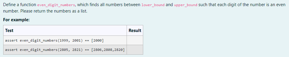 Solved Python Code. Define a function even_digit_numbers, | Chegg.com