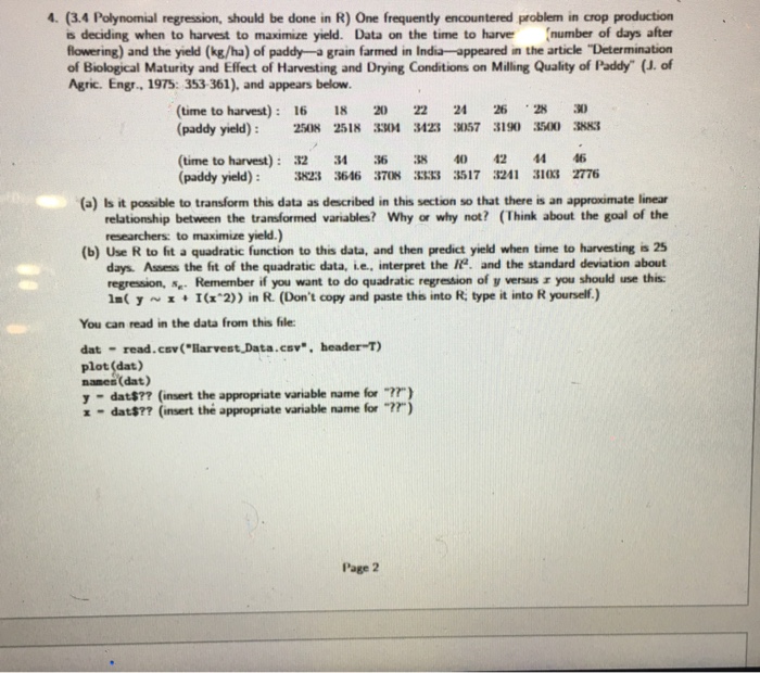 Solved 4. (3.4 Polynomial Regression, Should Be Done In R) | Chegg.com