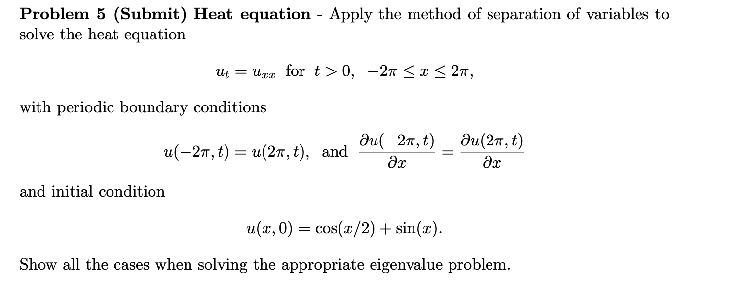 Solved Problem 5 (Submit) Heat equation - Apply the method | Chegg.com