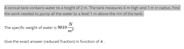 A conical tank contains water to a height of \( 2 \mathrm{~m} \). The tank measures \( 6 \mathrm{~m} \) high and \( 1 \mathrm