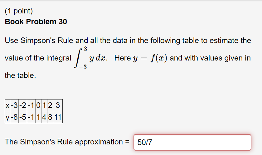 Solved (1 point) Book Problem 30 Use Simpson's Rule and all | Chegg.com