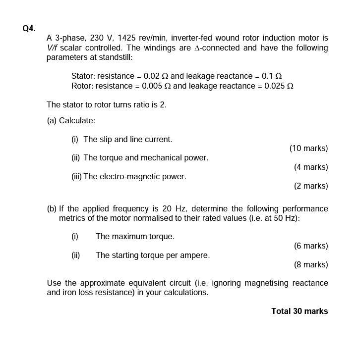 Solved Q4. A 3-phase, 230 V, 1425 rev/min, inverter-fed | Chegg.com