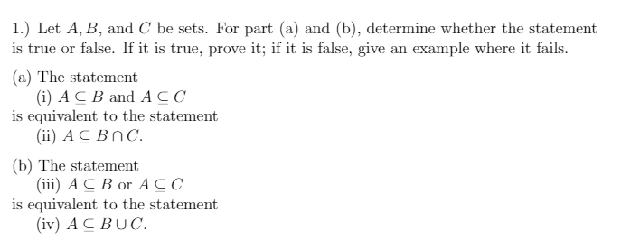 Solved 1.) Let A, B, And C Be Sets. For Part (a) And (b), | Chegg.com