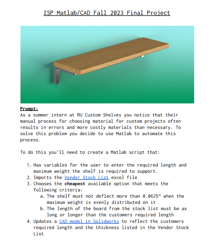 Solved ISP Matlab/CAD Fall 2023 Final Project Prompt As a