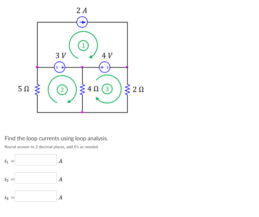 Solved 2 A 2A 3V 4V + 1) 5Ω ξ 2 4Ω (3 ξ2 Ω Find the loop | Chegg.com