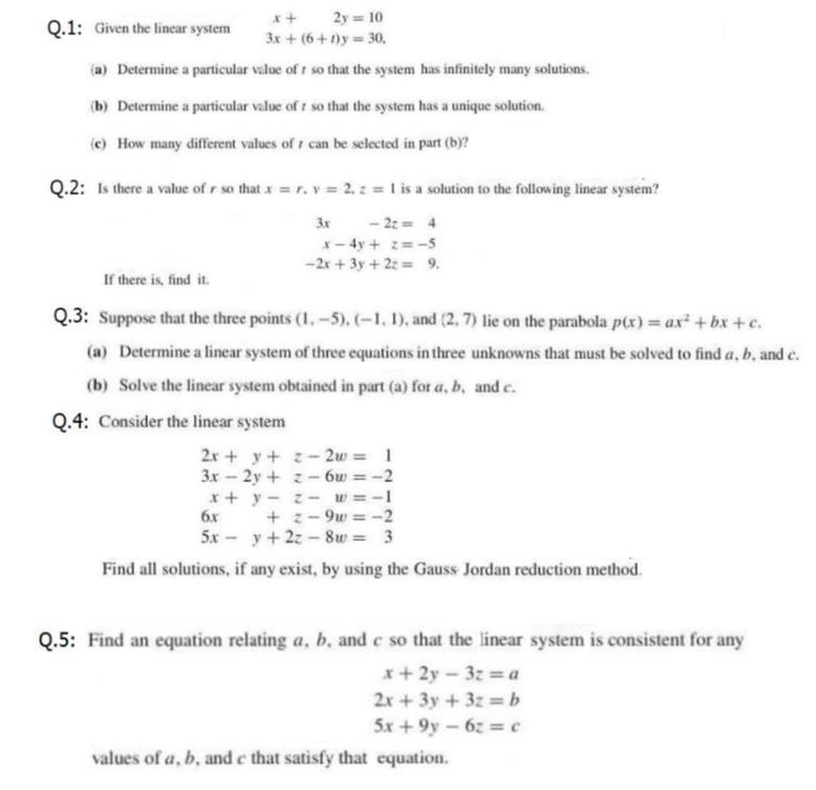 Solved Q.1: Given the linear system 2y = 10 3x +(6+1)y = 30. | Chegg.com