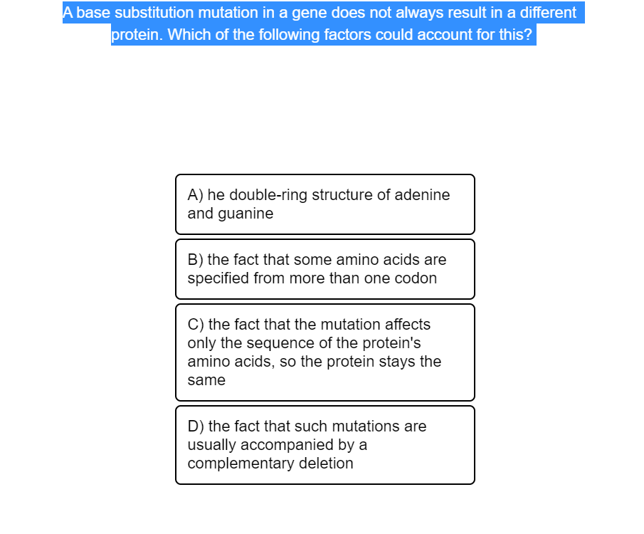 Solved A base substitution mutation in a gene does not | Chegg.com