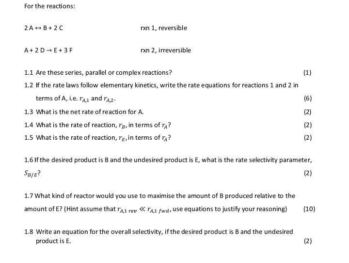 Solved For the reactions: 2A↔B+2CA+2D→E+3F rxn 1, reversible | Chegg.com