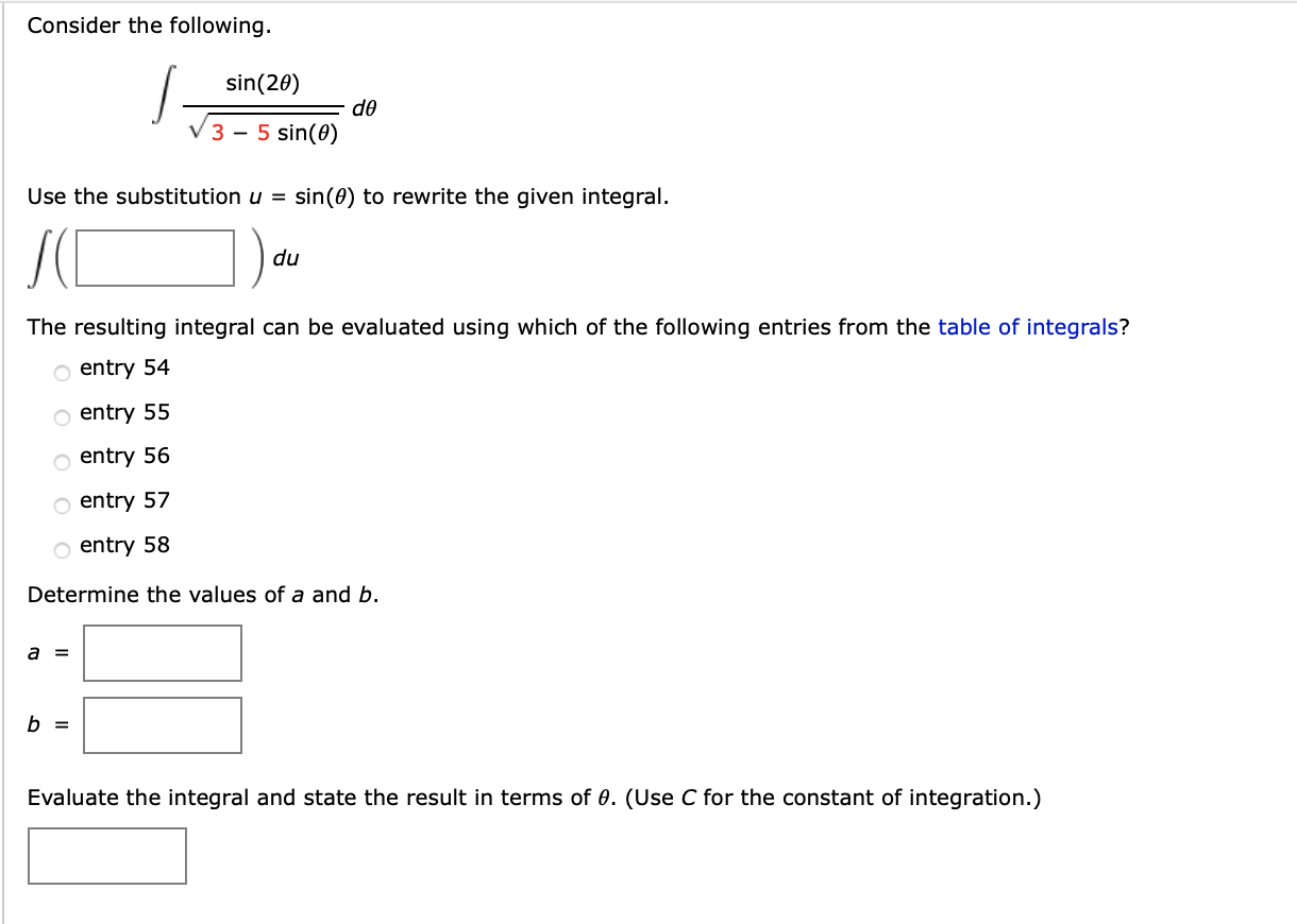 Solved Consider The Following. 1 Sin(20) De V3 – 5 Sin(e) | Chegg.com