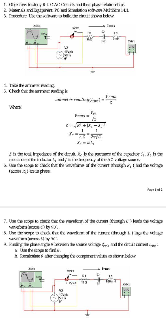 Solved 1. Objective: to study R L C AC Circuits and their | Chegg.com