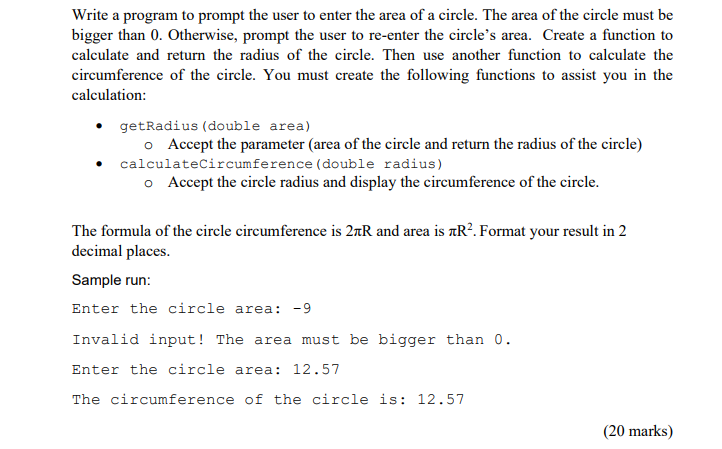 Solved Write a program to prompt the user to enter the area | Chegg.com