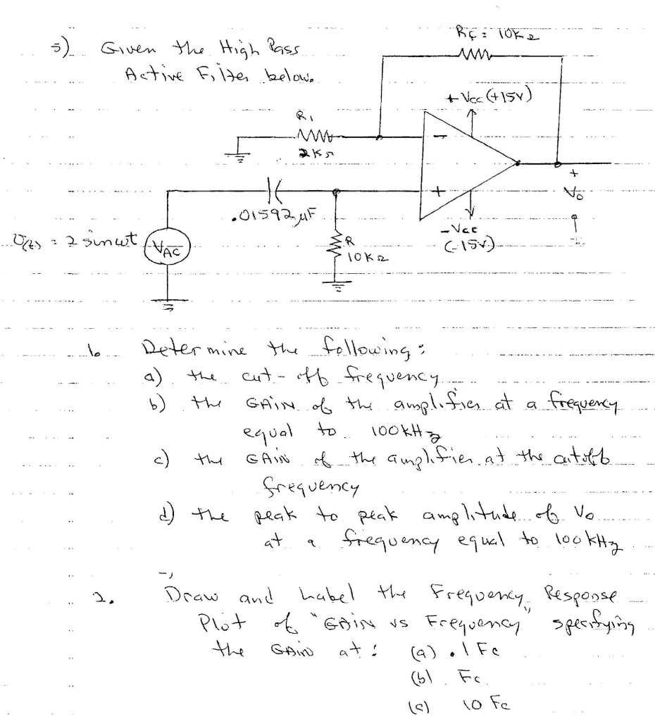 Solved Given the High Pass Active Filter below, -Determine | Chegg.com