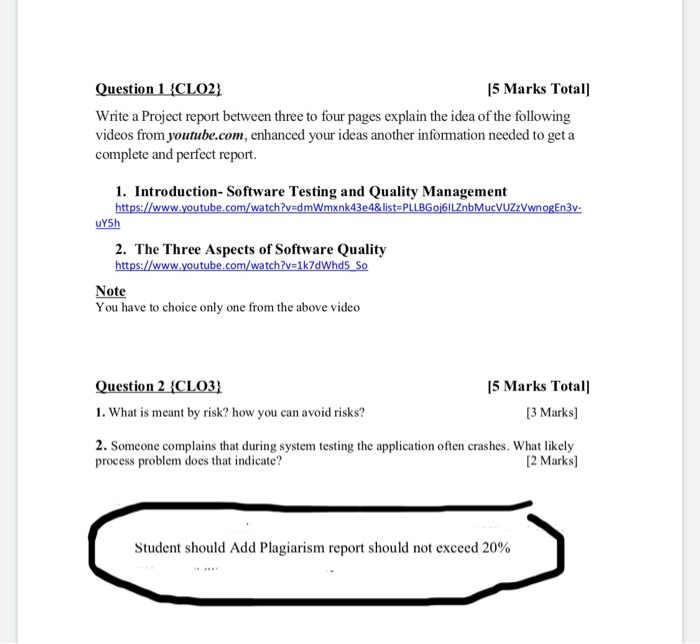 Solved Question 1 CLO2} 5 Marks Total Write a Project report | Chegg.com