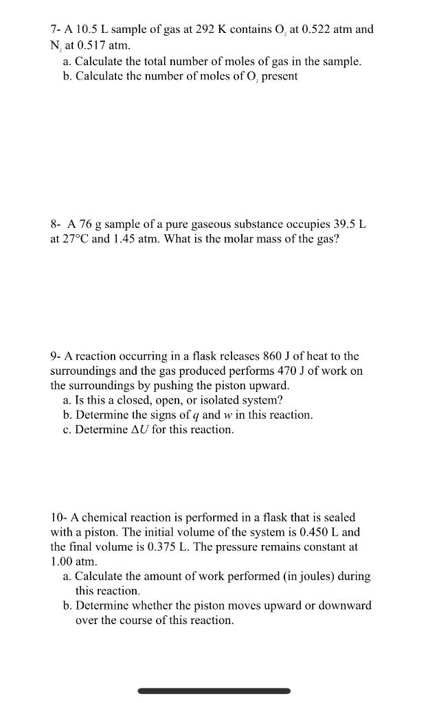 Solved 7 A 10 5 L Sample Of Gas At 292 K Contains O At 0 Chegg Com