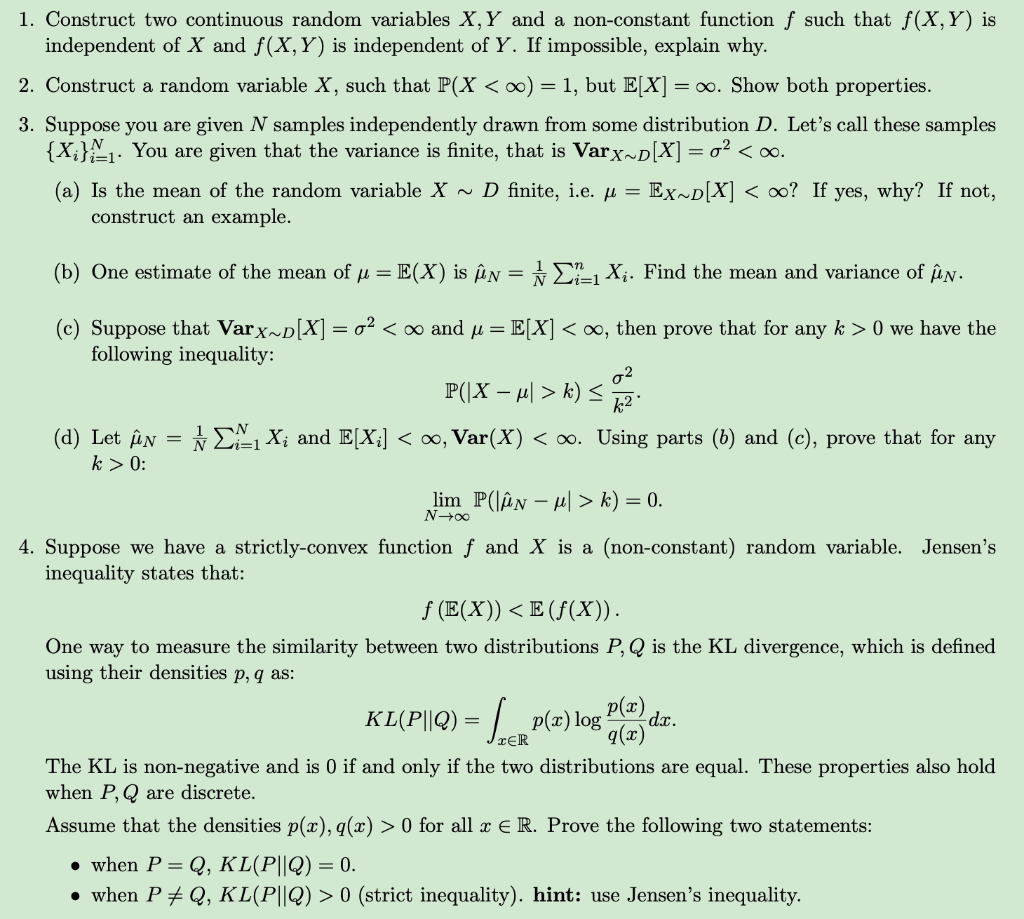 1 Construct Two Continuous Random Variables X Y Chegg Com