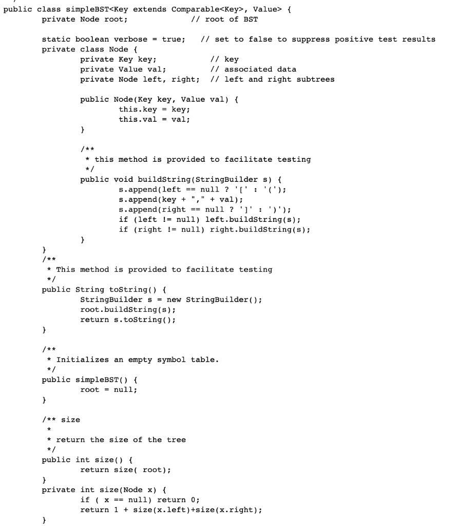 Solved public class simpleBST, Value> { private Node root; | Chegg.com