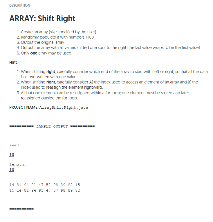 Solved DESCRIPTION ARRAY: Shift Right 1. Create an array | Chegg.com