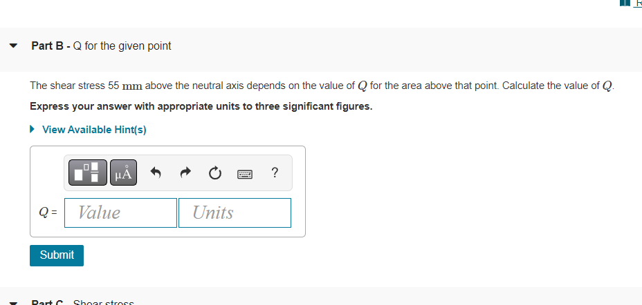 Part B - Q for the given point
The shear stress 55 mm above the neutral axis depends on the value of Q for the area above tha