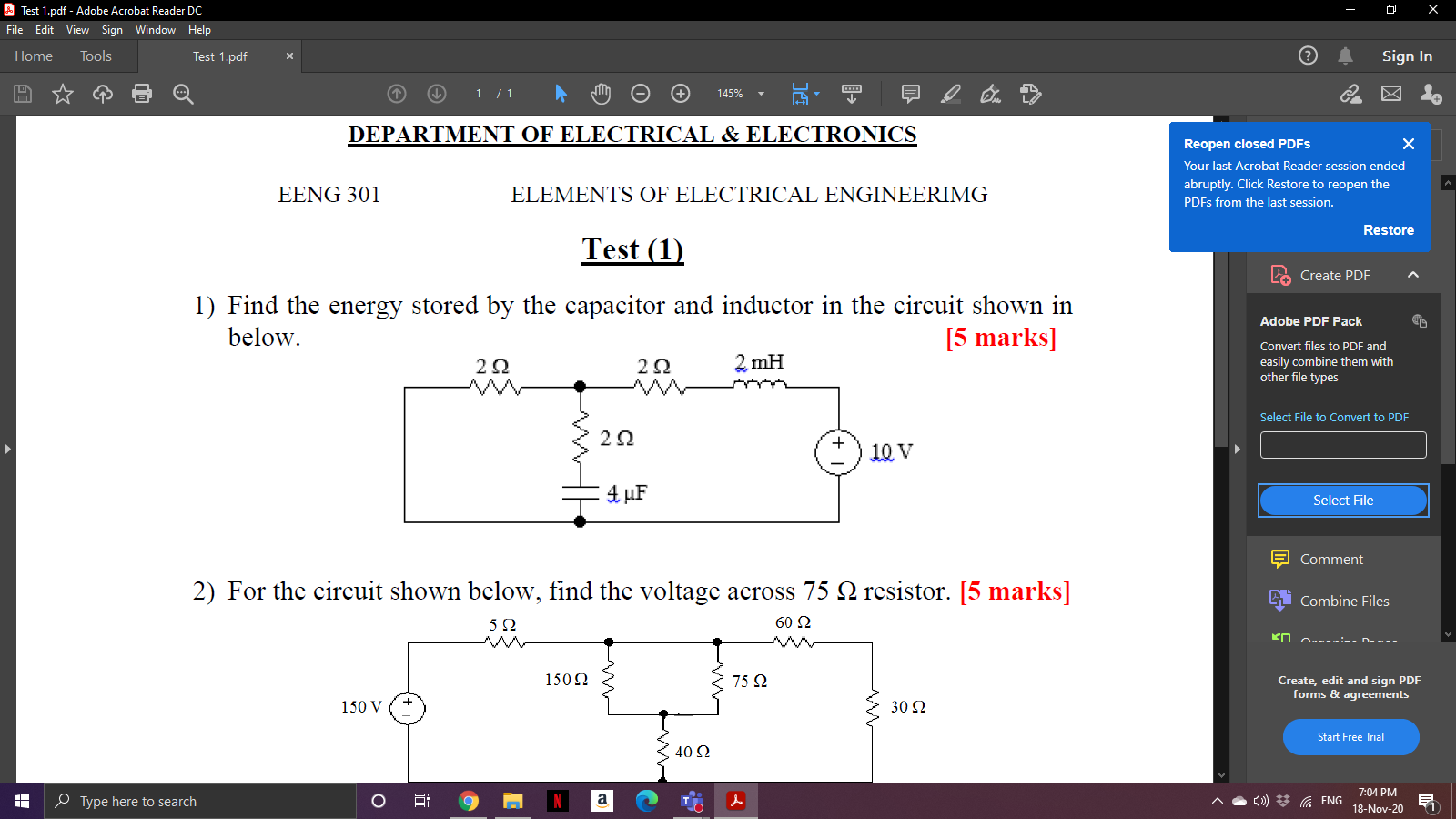 Solved 0 A Test 1.pdf - Adobe Acrobat Reader DC File Edit | Chegg.com