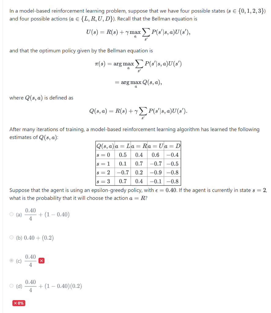 Solved In a model-based reinforcement learning problem, | Chegg.com