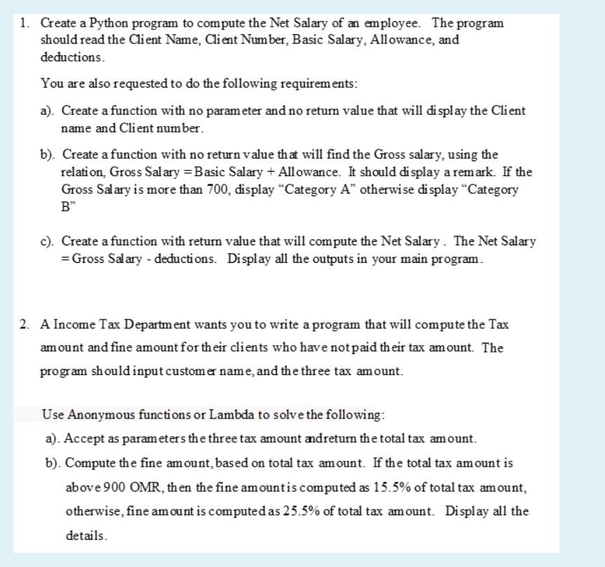Solved 1. Create a Python program to compute the Net Salary | Chegg.com