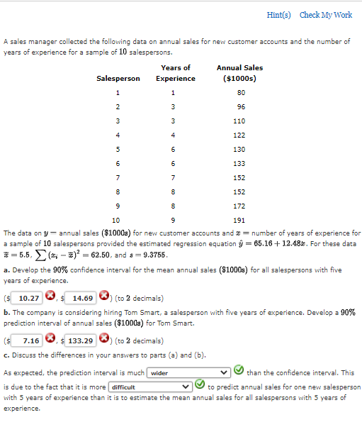 Solved Hint(3) Check My Work A Sales Manager Collected The | Chegg.com