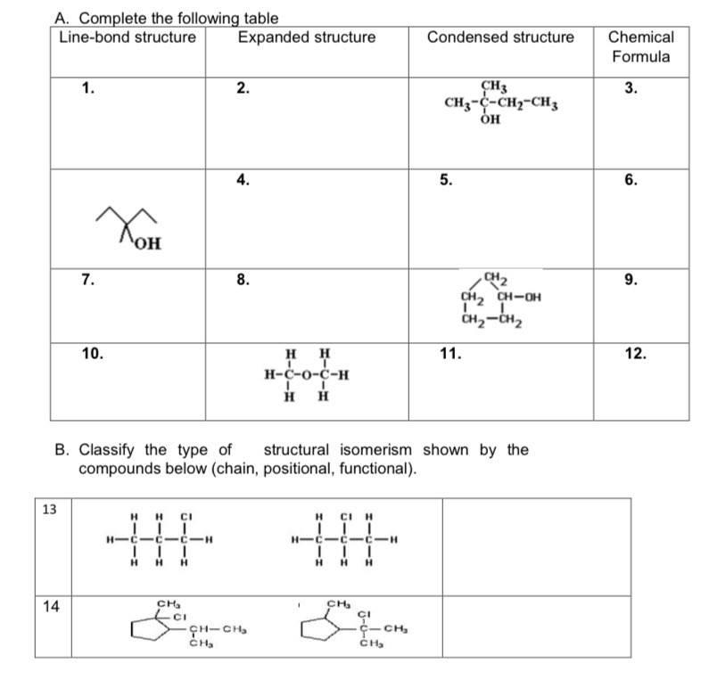 Solved A. Complete the following table Line-bond structure | Chegg.com