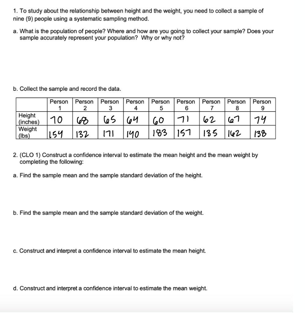 Solved 1. To Study About The Relationship Between Height And | Chegg.com