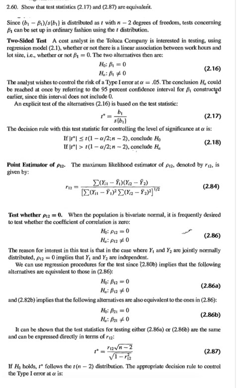 Solved 2.60. Show that test statistics (2.17) and (2.87) are | Chegg.com