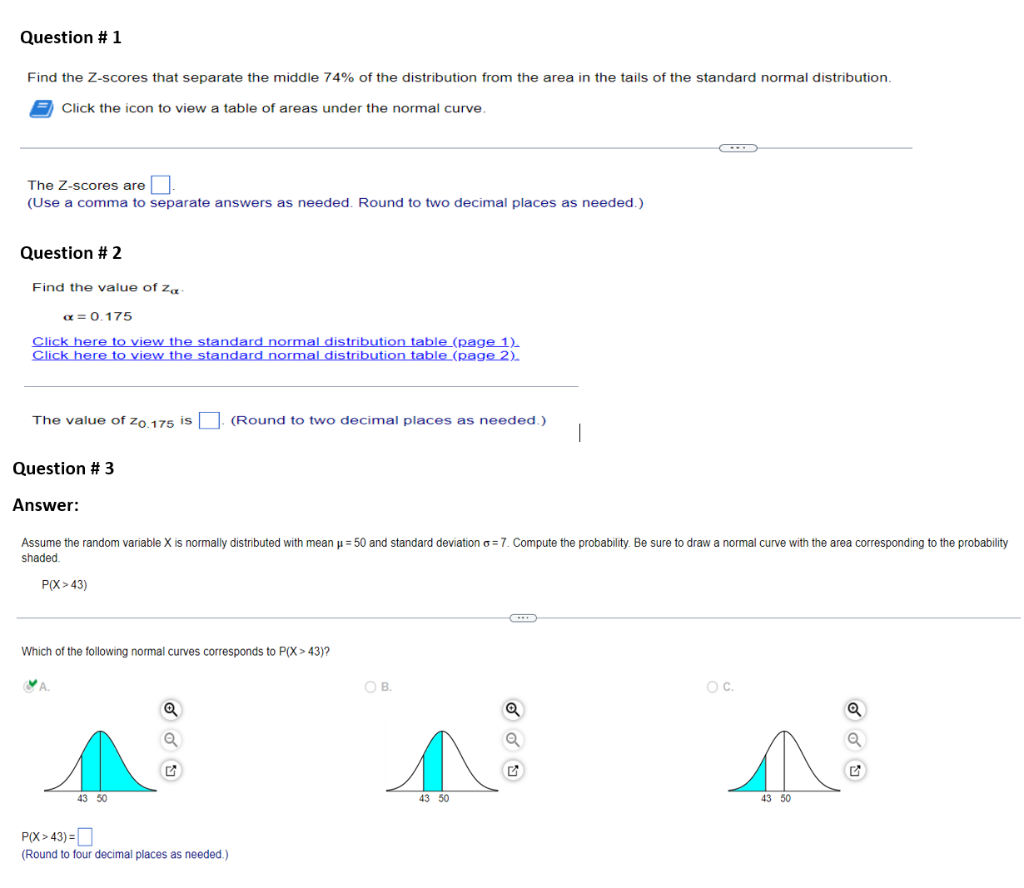 Solved Find the Z-scores that separate the middle 74% of the | Chegg.com