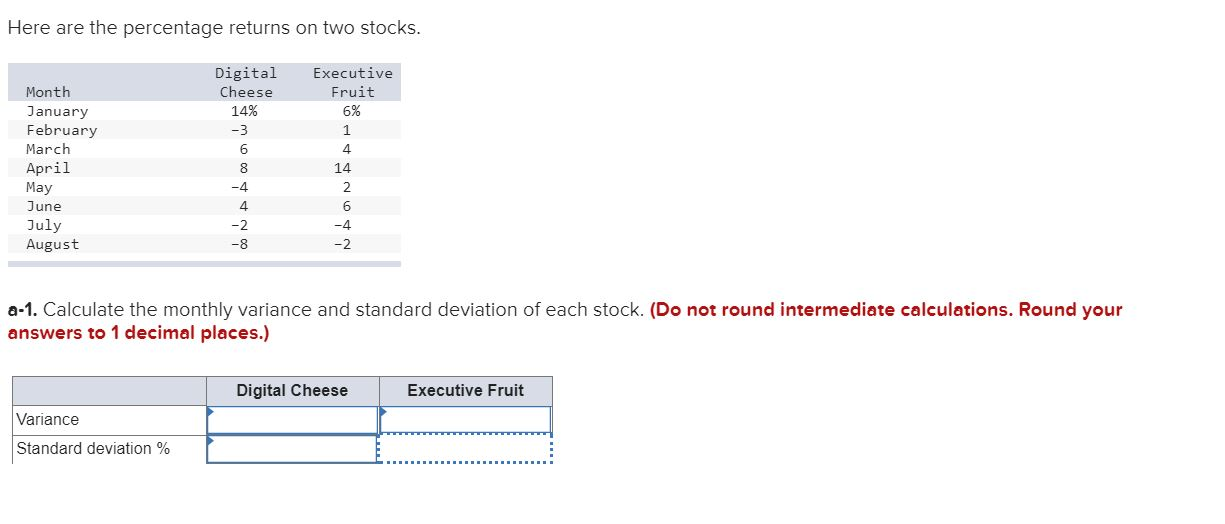 Solved Here Are The Percentage Returns On Two Stocks. | Chegg.com