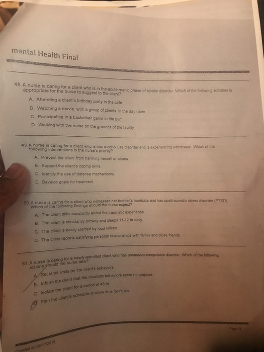 Solved mental Health Final 48.A nurse is caring for a client | Chegg.com