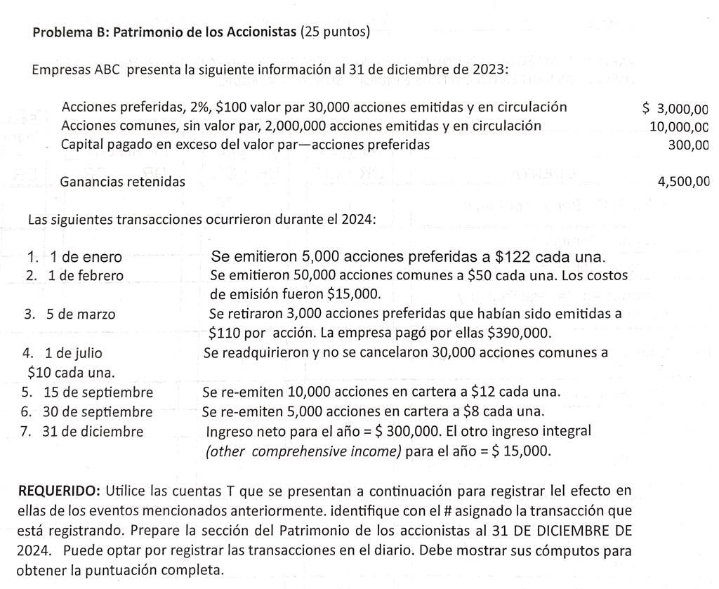 Solved Problema B: Patrimonio De Los Accionistas (25 Puntos) | Chegg.com