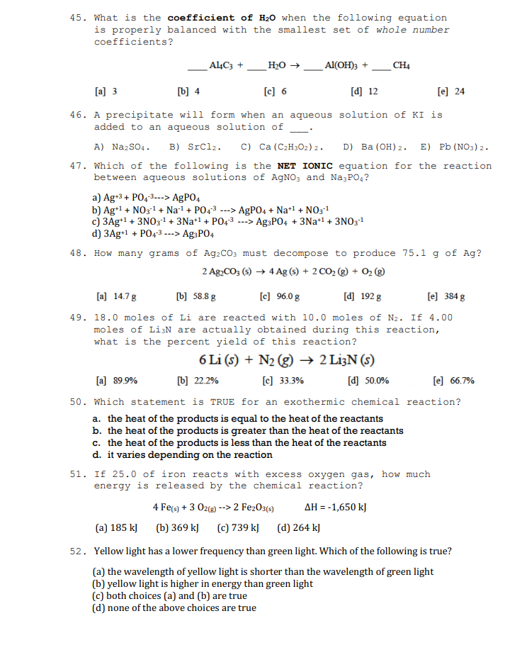 Solved 45. What is the coefficient of H20 when the following | Chegg.com