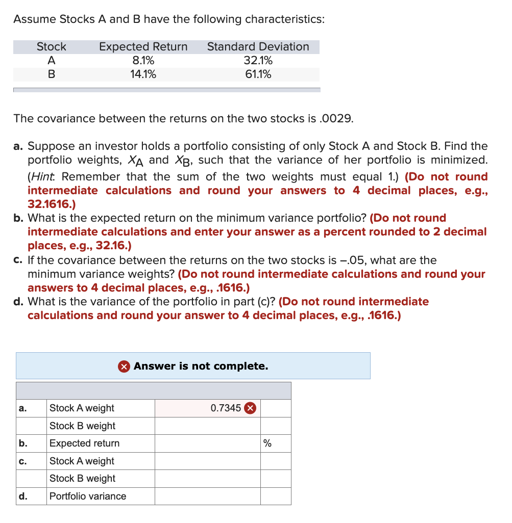 Solved Assume Stocks A And B Have The Following | Chegg.com