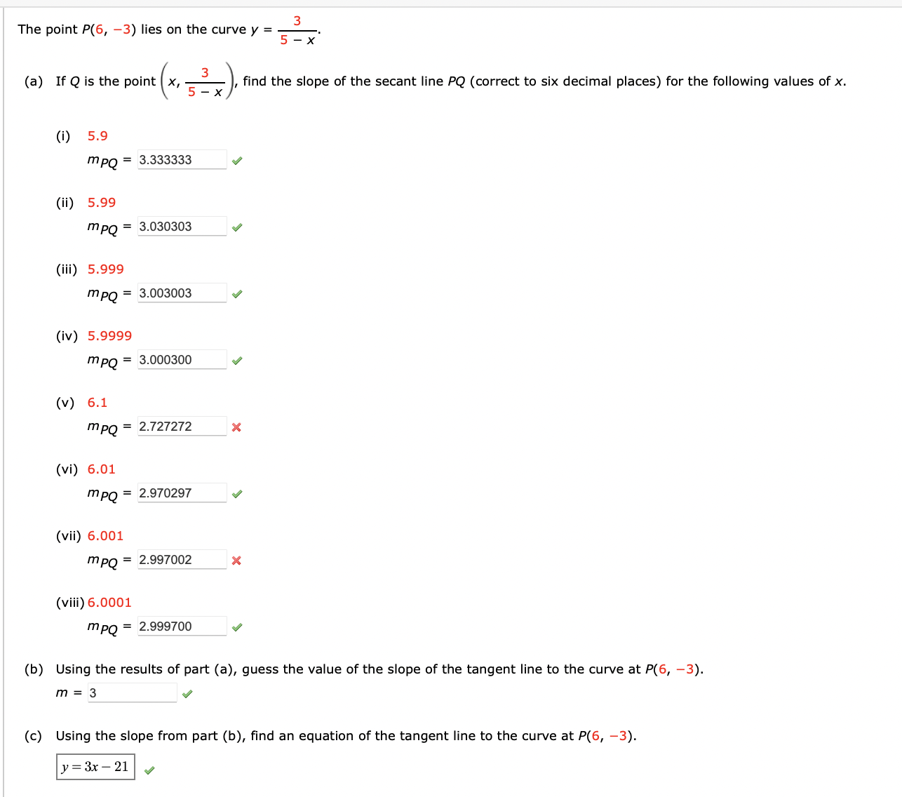 Solved The point P(6,−3) lies on the curve y=5−x3. (a) If Q | Chegg.com