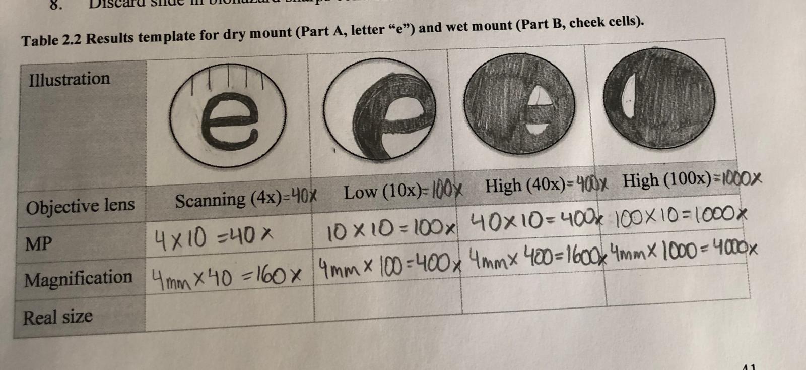 8. Table 2.2 Results template for dry mount (Part A,