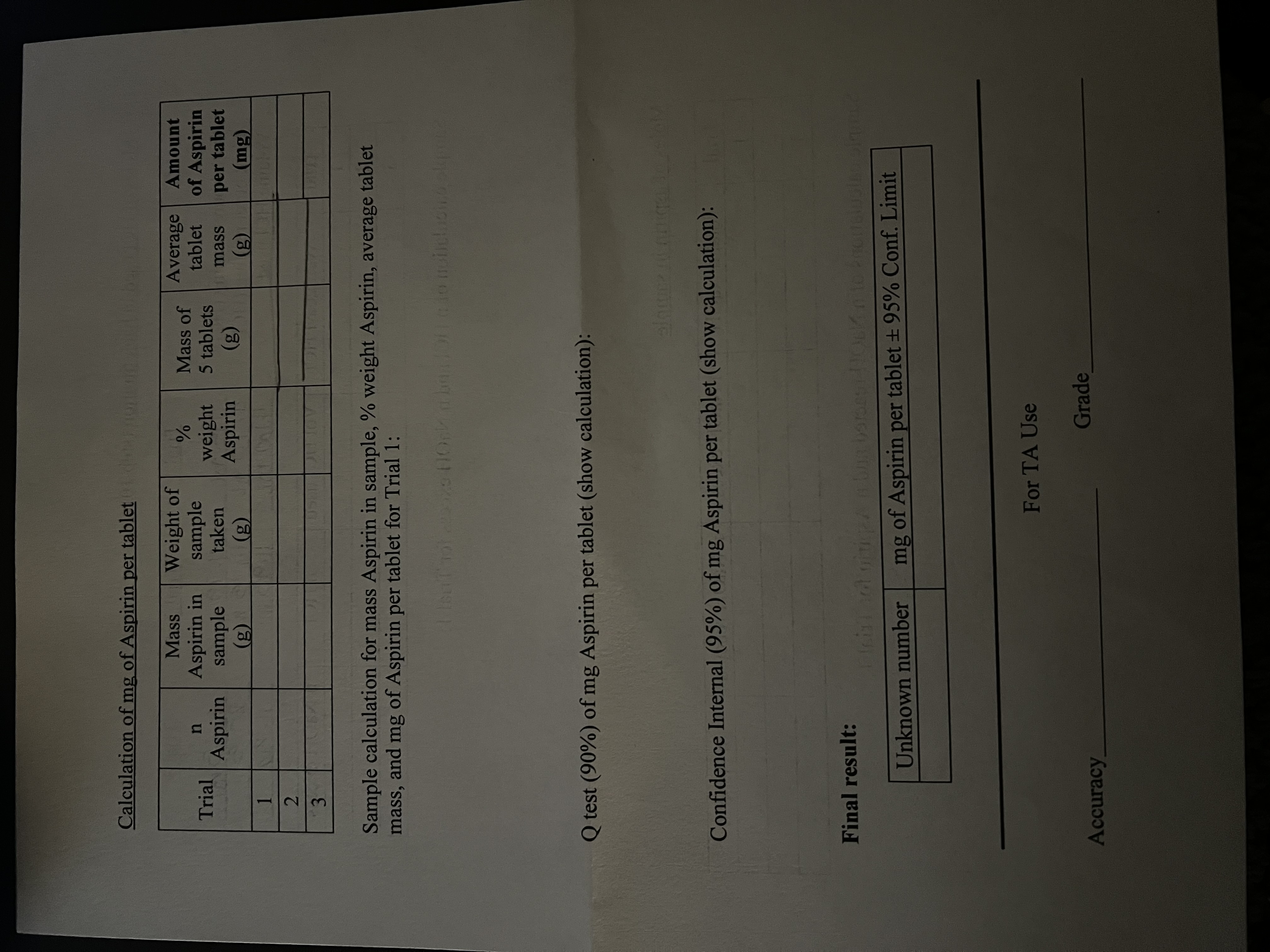 Calculation of mg of Aspirin per tablet Sample