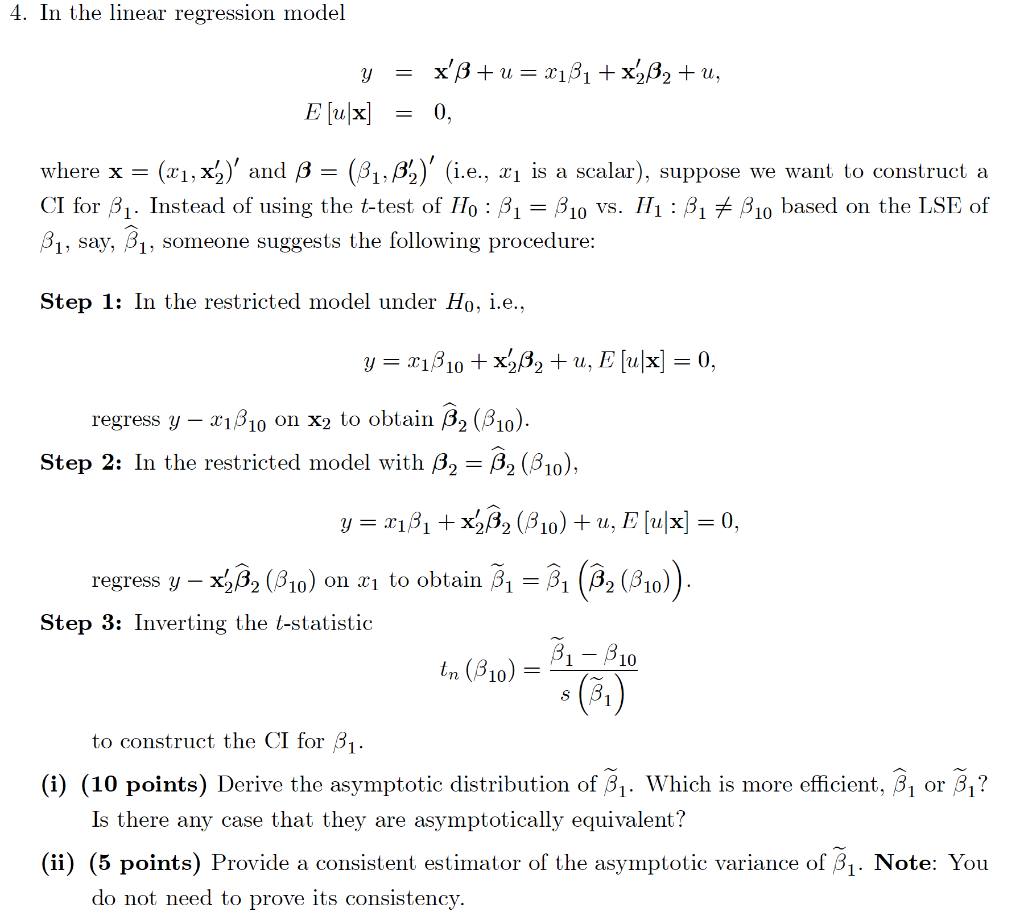 4 In The Linear Regression Model Y X Ss U X131 Chegg Com