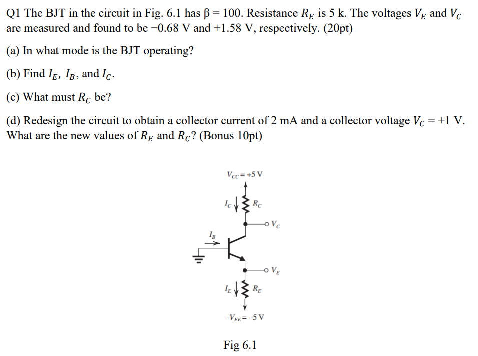 Q1 The BJT in the circuit in Fig. 6.1 has β=100.